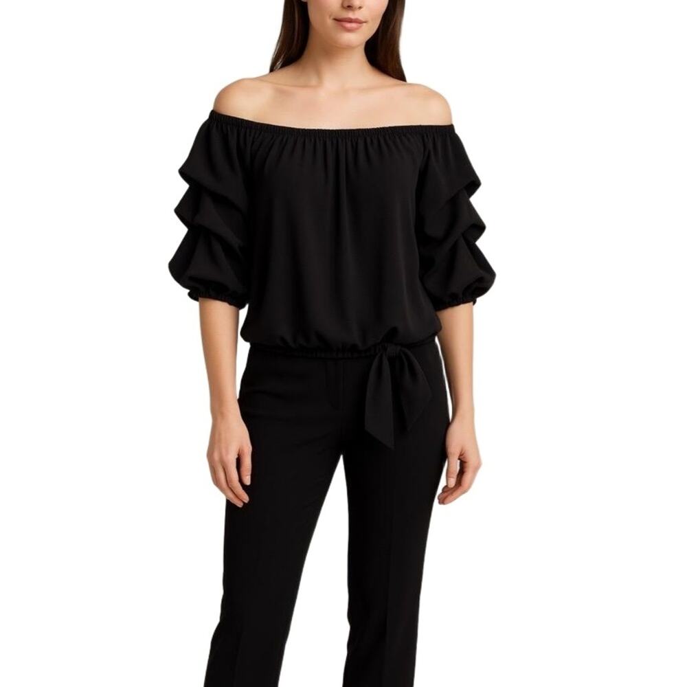 CeCe Blouse Womens Medium Black‎ Ruffle Sleeve Tie Hem Whimsigoth Off Shoulder
